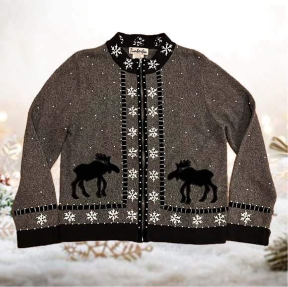 Timber Lea Sweaters - Holiday Gray Zip Up Sweater Embellished Pearl Accent and Velvet Moose Vintage M
